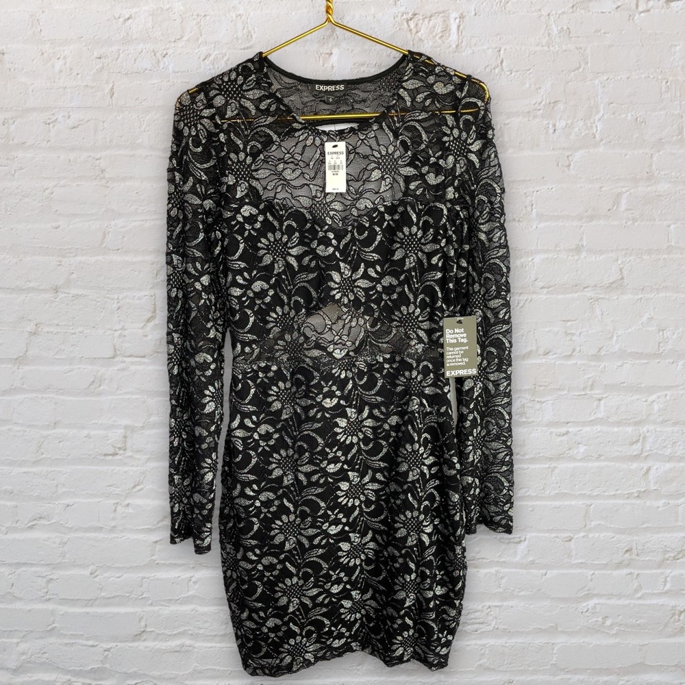 Express Black and Silver Lace Cutout Bodycon Dress